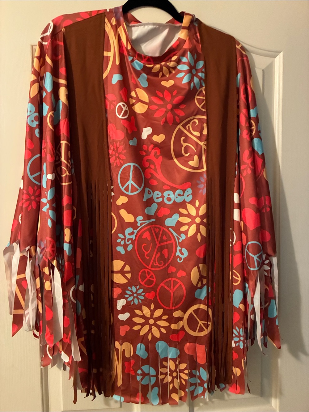 Hippie costume/Peace Print Poncho with suede like fringe and accessories